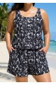 Plus Size Black White Leaf Modest Wide Straps Pocket Women's Swimsuit One Piece Swim Romper