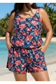 Plus Size Red Floral Scoop Neck Vintage Wide Straps Pocket Swimsuit One Piece Swim Romper