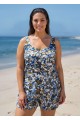 Plus Size Navy Floral Scoop Neck Flattering Wide Straps Pocket Swimsuit One Piece Swim Romper