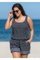 Plus Size Black And White Floral Scoop Neck Wide Straps Pocket Swimsuit One Piece Swim Romper