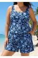 Plus Size Blue Floral Scoop Neck Modest Wide Straps Pocket Swimsuit One Piece Swim Romper