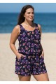Purple Floral Scoop Neck Wide Straps Pocket Plus Size Swimsuit One Piece Swim Romper