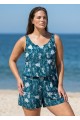 Green Marine Life Print Scoop Neck Wide Straps Pocket Curvy Swimsuit One Piece Swim Romper