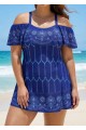 Plus Size  Navy Off The Shoulder Line Flowers Women One Piece Swimdress