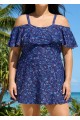 Navy Floral Off The Shoulder Flattering Curvy Women's Swimsuit One Piece Swimdress