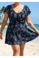 Blue Floral Print V Neck Cap Sleeves Flattering Ruffles Curvy Swimsuit Swimdress Set