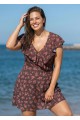 Curvy Brown Floral Dot V Neck Cap Sleeves Vintage Ruffles Women's Swimsuit Swimdress Top