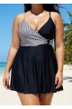 Black And White V Neck Striped Wrap One Piece Swimdress