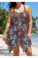 Brown Blue Tropical Leaf Modest Drawstring Asymmetrical Hem Plus Size Swimsuit One Piece Swimdress