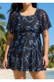 Plus Size Black Floral Print Square Neck Mesh Short Sleeves Vintage Ruffle Swimsuit Swimdress Set
