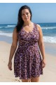 Purple Floral Scoop Neck Modest Cross Back Curvy Women's Swimsuit Swimdress Set