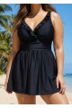 Black Plus Size Solid Color V Neck Ruffle One Piece Swimdress