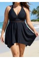 Black Plus Size V Neck Lace Mesh One Piece Swimdress