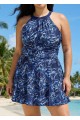 Curvy Navy Floral High Neck Flattering Ruched Women's Swimsuit Swimdress Set