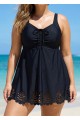 Plus Size Black Laser Cut Ruched Drawstring Swim Skirts For Women One Piece Swimdress