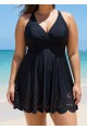 Curvy Black Laser Cut Ruched Swim Skirts For Women One Piece Swimdress