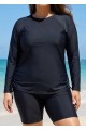 Plus Size Black Long Sleeve Drawstring Women's Swimsuit Tankini Top