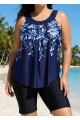 Navy Blue Floral Print Scoop Neck Vintage Curvy Women's Swimsuit Tankini Top