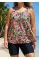Plus Size Red Floral Scoop Neck Vintage Wide Strap Loose Fit Women's Swimsuit Tankini Top