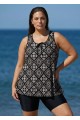 Black Geometric Print Vintage Wide Strap Loose Fit Plus Size Women's Swimsuit Tankini Top