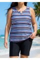 Navy Stripe V Neck Sleeveless Modest Padded Plus Size Women's Swimsuit Tankini Top