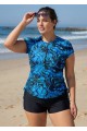 Curvy Blue Tropical Leaf Print Upf50+ Short Sleeves Zipper Drawstring Swimsuit Tankini Top
