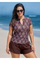 Brown Floral Upf50+ Short Sleeves Built In Bra Zipper Drawstring Curvy Swimsuit Tankini Top