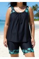 Curvy Black Plant Scoop Neck Flattering Padded Women's Swimsuit Two Piece Tankini Set