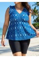 Dark Blue White Geometric V Neck Cap Sleeves Flattering Ruffle Curvy Swimsuit Tankini Top