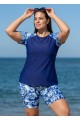 Curvy Blue Tie Dye Print High Neck Upf50+ Short Sleeves Swimsuit Shirt Two Piece Tankini Set