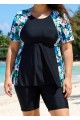 Plus Size Blue Floral Scoop Neck Upf50+ Short Sleeves Vintage Women's Swimsuit Shirt Tankini Top