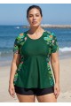 Plus Size Green Floral Upf50+ Short Sleeves Flattering Women's Swimsuit Tankini Top