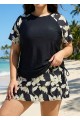 Curvy Black Leaf Upf50+ Short Sleeves Padded Side Drawstring Women's Swimsuit Tankini Top