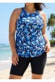 Blue Floral Print High Neck Flattering Curvy Women's Swimsuit Tankini Top
