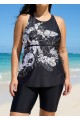 Plus Size Black Tropical Floral Print High Neck Modest Women's Swimsuit Tankini Top