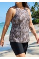 Curvy Brown Tropical Leaf High Neck Vintage Women's Swimsuit Tankini Top
