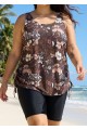 Brown Floral Scoop Neck Flattering Drawstring Curvy Women's Swimsuit Tankini Top