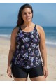 Plus Size Black Floral Scoop Neck Sleeveless Vintage Drawstring Women's Swimsuit Tankini Top