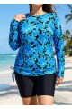 Curvy Blue Floral Upf50+ Long Sleeves Vintage Women's Swimsuit Tankini Top