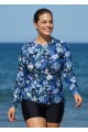 Curvy Navy Floral High Neck Upf50+ Long Sleeves Drawstring Women's Swimsuit Tankini Top