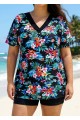 Plus Size Black Floral V Neck Upf50+ Short Sleeves Modest Padded Swimsuit Long Tankini Top