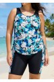 Curvy Blue Floral Scoop Neck Flattering Side Drawstring Women's Swimsuit Two Piece Tankini Set