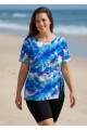 Plus Size Blue Floral Upf50+ Short Sleeves Vintage Side Drawstring Swimsuit Tankini Top