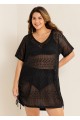 Black V Neck Cut Out Drawstring Swim Cover Up