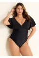 Black V Neck Mesh Flutter Sleeves One Piece Swimsuit