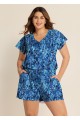 Blue Leaf V Neck Upf50+ Short Sleeves Vintage Pocket Curvy Swimsuit One Piece Swim Romper