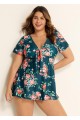 Plus Size Green Floral Short Sleeve Ladies Bathing Suits Swimdress Set