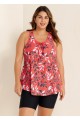 Red Tropical Leaf Print Loose Fit Plus Size Women Tankini Top