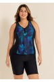 Plus Size Blue Floral Zipper And Color Block Swimsuits Tankini Top