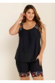 Black Plants Print Round Neck Plus Size Modest Tankini Set